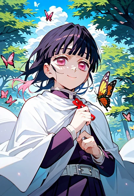 score_9,score_8_up,score_7_up,source_anime, tsuyuri kanao,1girl,solo,smile,closed mouth,upper body,outdoors,sky,pink eyes,cape,tree,bug,butterfly,white cape,demon slayer uniform,white cloak,butterfly on hand,