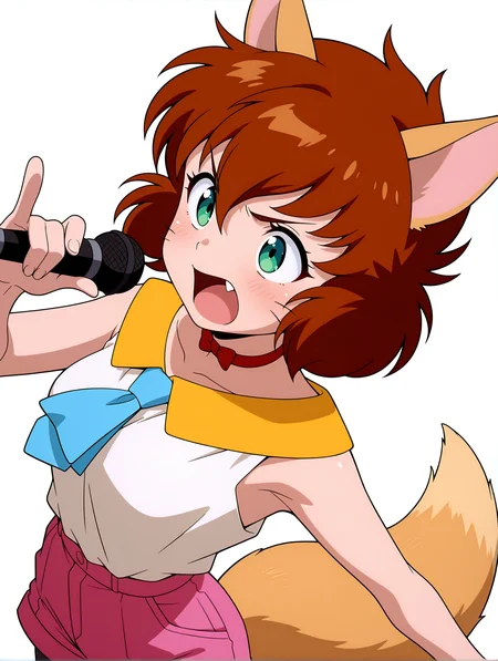 masterpiece,best quality,amazing quality,
1girl,solo,
anime screencap,<lora:koto_ilxl_v1.0:1>,koto,brown hair,green eyes,whiskers,fang out,
k_clothes,yellow collar,red ribbon choker,white sleeveless shirt,blue necktie,pink shorts,fox tail,black_pantyhose,k_m,holding microphone,
<lora:Fixhands_anime_bdsqlsz_V1:1>,standing,white_background,simple_background,shouting,front view,upper_body,finger gun,dynamic_angle,cinematic_angle,dutch angle,arched_back,hand up,