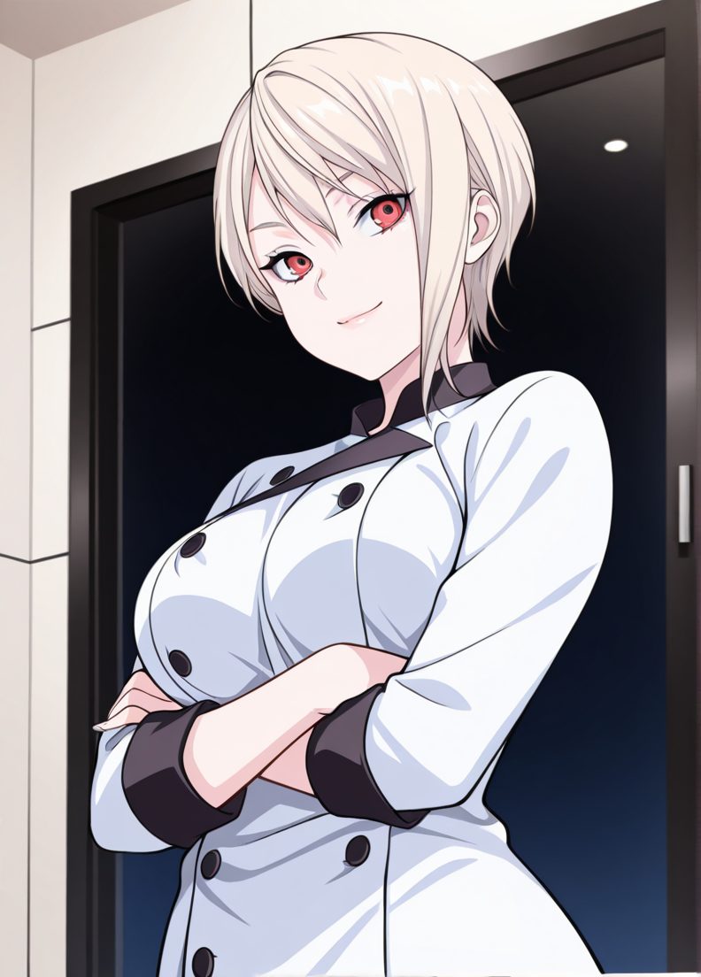 masterpiece, best quality, amazing quality, very aesthetic, absurdres, newest, detailed background, 4k, 8k,
nakirialice, 1girl, solo, red eyes, chef, smile, breasts, blonde hair, crossed arms, looking at viewer, large breasts, short hair,
<lora:Alice_Nakiri_-_Shokugeki_no_Soma_Illustrious:1>