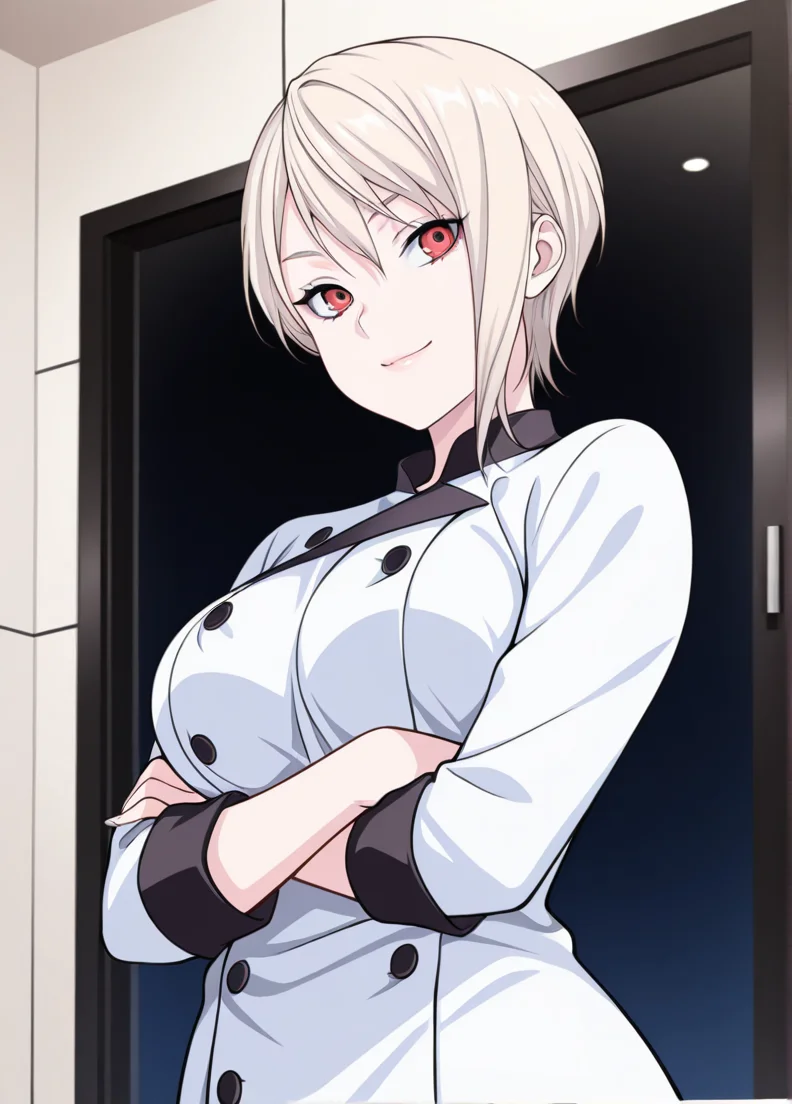 masterpiece, best quality, amazing quality, very aesthetic, absurdres, newest, detailed background, 4k, 8k,
nakirialice, 1girl, solo, red eyes, chef, smile, breasts, blonde hair, crossed arms, looking at viewer, large breasts, short hair,
<lora:Alice_Nakiri_-_Shokugeki_no_Soma_Illustrious:1>