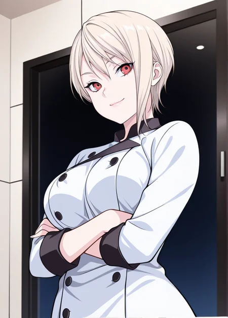 masterpiece, best quality, amazing quality, very aesthetic, absurdres, newest, detailed background, 4k, 8k,
nakirialice, 1girl, solo, red eyes, chef, smile, breasts, blonde hair, crossed arms, looking at viewer, large breasts, short hair,
<lora:Alice_Nakiri_-_Shokugeki_no_Soma_Illustrious:1>