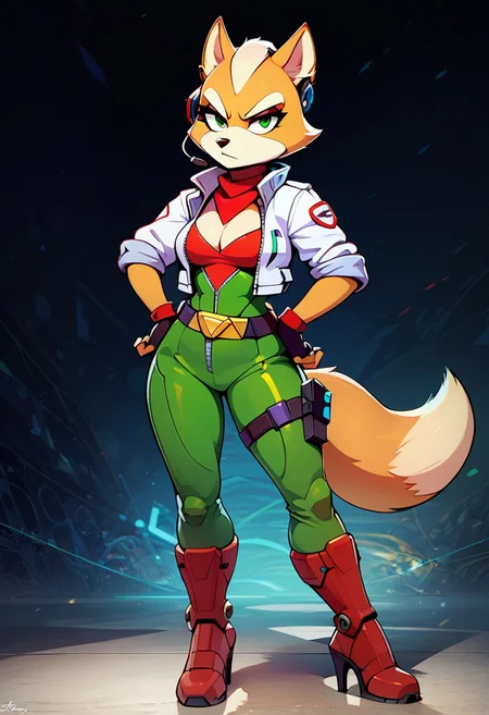 score_9, score_7_up,
solo, 1girl, fox mccloud, furry, tail, green flight suit, white jacket, rolled sleeves, green legwear, fingerless gloves, red boots, mechanical boots, high heels, red bandana, headset, belt, holster, medium breasts, cleavage, eyelashes,
full length portrait, intense facial expression, looking serious, hands on hips,
abstract background, blurry background, bokeh,
zzCitronCAT,