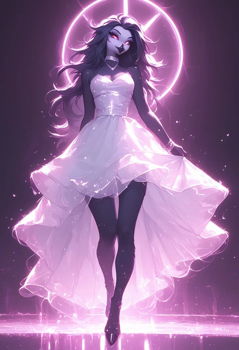 score_9, score_8_up, score_7_up, score_6_up, 1girl, solo, octavia, octavia, avian bird demon owl owl_demon, beak, red sclera, from hellova boss, anthro furry, long hair, nightclub outfit, tight white dress, perfect face, perfecteyes, sexy, sexy girl, beautiful eyes, dancing, dynamic angle, full body shot, red eyes, glowing eyes, pop star, , neon lights, glowing lights