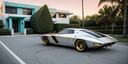 Bertone wedge style , concept art, a futuristic chrome and steel 6 wheeled car , pop up headlights and concave rims, white and gold stripes retrofuturism, 1970s , miami sunset, in front of an art deco house , neon, background is aqua ,photorealistic , leica summilux , fuji velvia