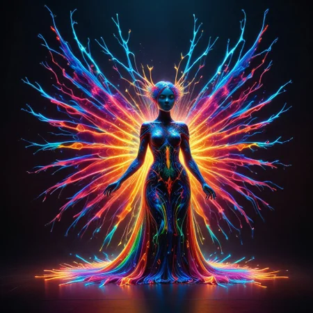 a fire entity whit multicolored flames, professional photography of an fantastical warrior fairy princess entirely made of cyberflies with whimsical elements, swirling magic, eerie fairytale landscape, elaborate fantasy style art, very colorful, intricate details, ultra sharp, exquisite detail, flawless composition, vivid colors, masterpiece, exciting background, TAS, TASvisuals, Psychedelic , Rave, Elaborate , Blacklight , Vibrant , cyberflies, black light paint, blp, Colorful Chaos Cracks and Drops, mad-glowtiedye, made out of,colorful,liquid,Murano Art Glass