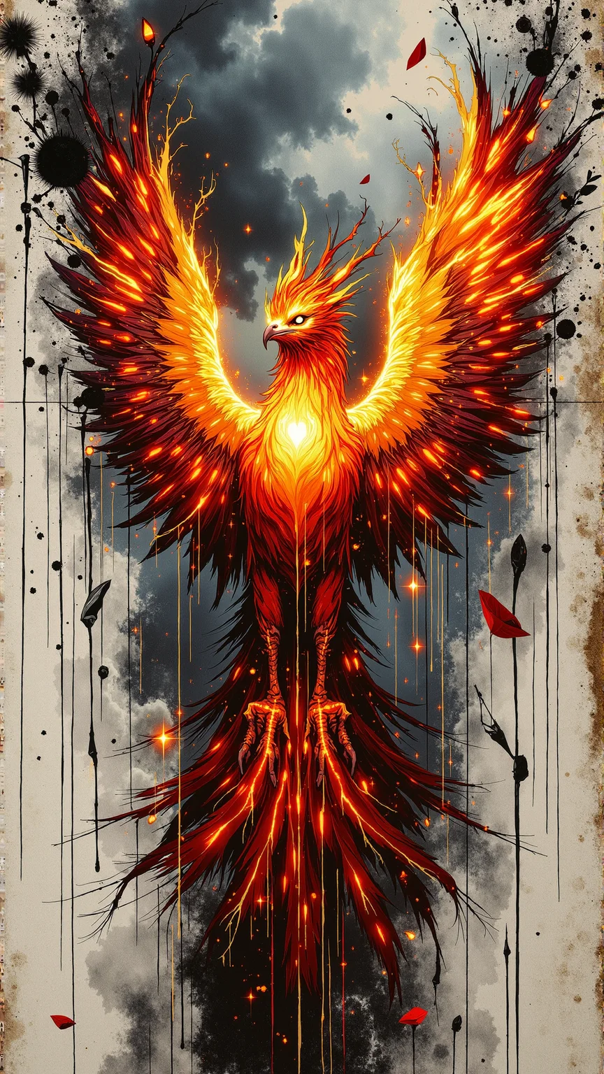 Jedcyb3r, Jedspl4tt, A phoenix with vivid, iridescent feathers of gold, orange, and crimson bursts forth from a field of glowing embers. Its eyes burn with a celestial fire, leaving behind a trail of light as it ascends. The background is filled with ash-streaked storm clouds, and pieces of its wings seem to dissolve into smoke and ink. The scene radiates power, rebirth, and the intensity of natureâs untamed energy,<lora:splatter1:1>