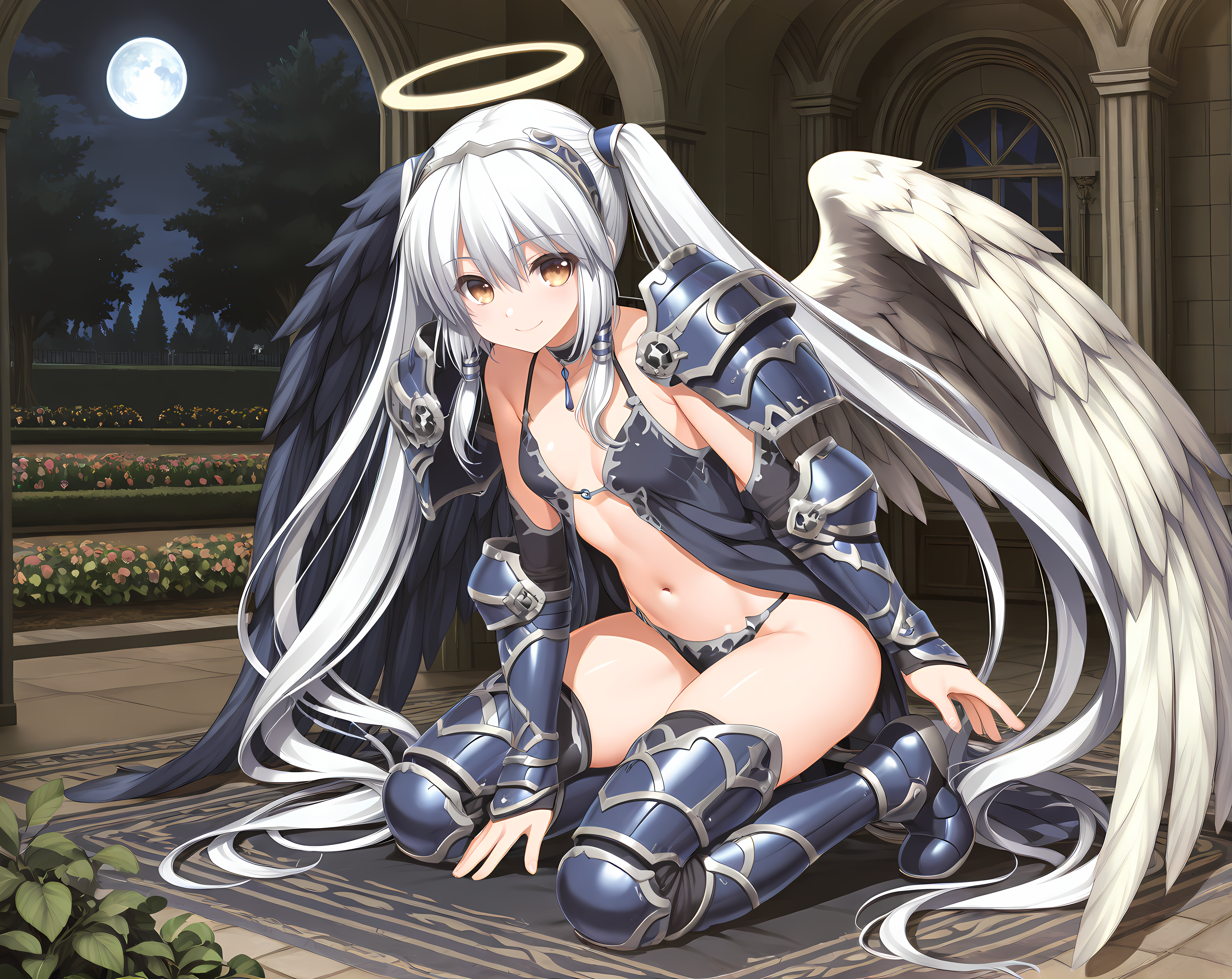 metisana,mbase outfit, small breasts,twintails,halo,armor,shoulder armor,angel,angel wings,solo,moon,full body,garden,tree,smile,<lora:Tenbin_no_La_DEA_Character_Pack_1:0.7>,indoors,night,, masterpiece,best quality,amazing quality, very aesthetic, absurdres,detailed eyes,ultra-detailed,