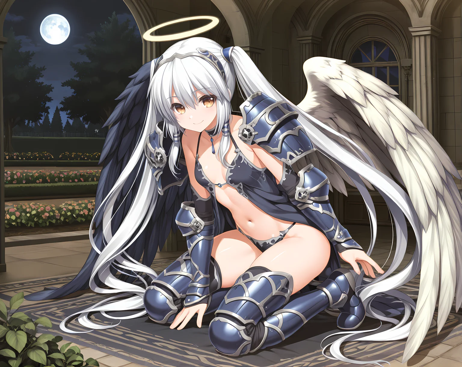 metisana,mbase outfit, small breasts,twintails,halo,armor,shoulder armor,angel,angel wings,solo,moon,full body,garden,tree,smile,<lora:Tenbin_no_La_DEA_Character_Pack_1:0.7>,indoors,night,, masterpiece,best quality,amazing quality, very aesthetic, absurdres,detailed eyes,ultra-detailed,