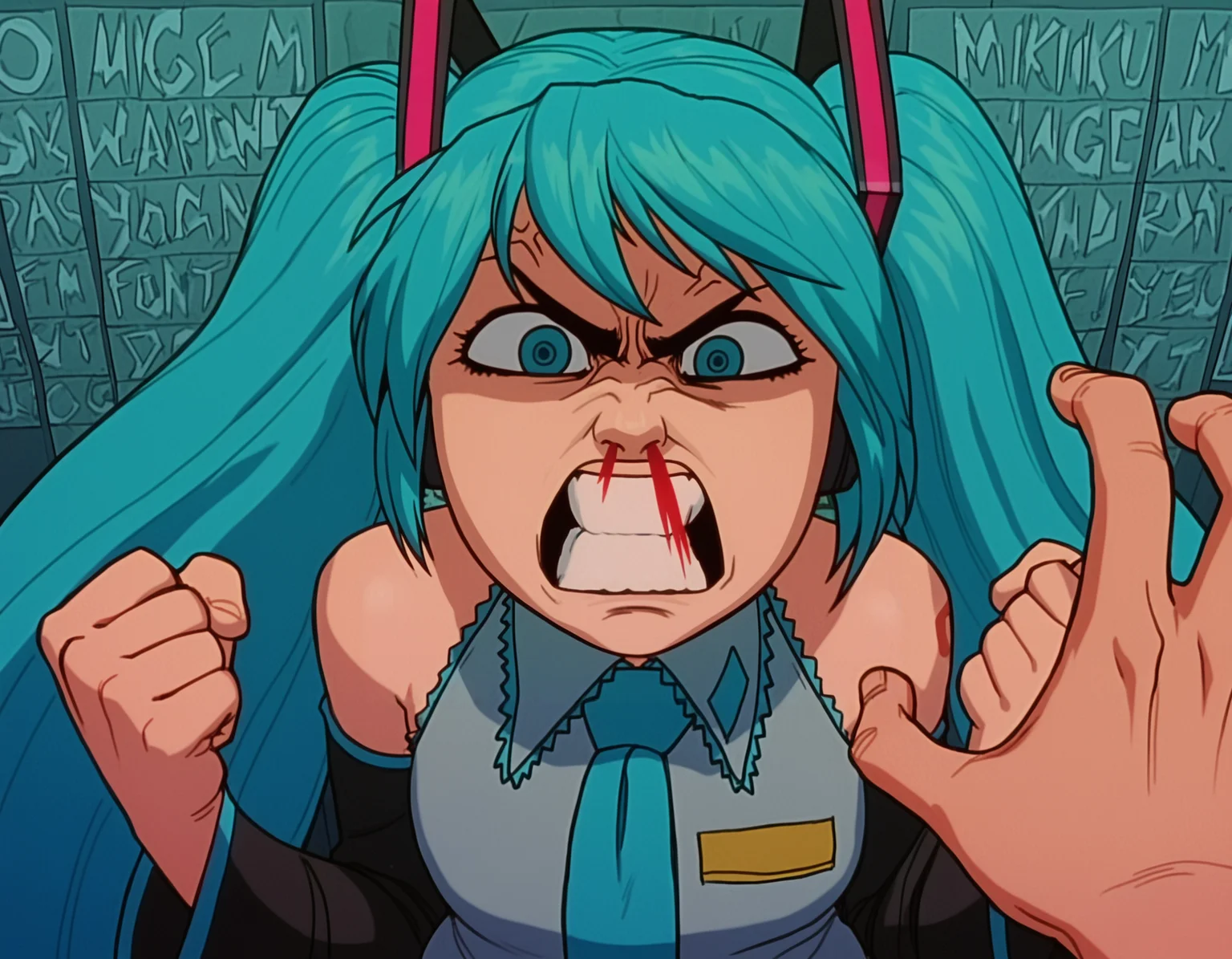 (artist: incase:0.4), good quality, best quality, highres, masterpiece, (traditional media, inked:0.6), anime screenshot, first person view, pov hands, fist,
hatsune miku, vocaloid, 1girl, aqua eyes, blue eyes, very long hair, aqua hair, long hair, twintails, detached sleeves, mouth, teeth, angry, rage, upset, annoyed, nosebleed, fighting,
<lora:Great Teacher Onizuka NoobAI V-Pred-000080:0.5>