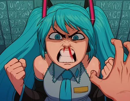 (artist: incase:0.4), good quality, best quality, highres, masterpiece, (traditional media, inked:0.6), anime screenshot, first person view, pov hands, fist,
hatsune miku, vocaloid, 1girl, aqua eyes, blue eyes, very long hair, aqua hair, long hair, twintails, detached sleeves, mouth, teeth, angry, rage, upset, annoyed, nosebleed, fighting, 
 <lora:Great Teacher Onizuka NoobAI V-Pred-000080:0.5>