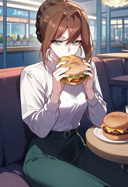 zPDXL3, score_9_up, score_8_up, score_7_up, (Anime_source), 1girl, Arcia, green eyes, brown hair, long hair, braid bun hair, shirt, skirt, looking at viewer, holding hamburger, eating, munching, sitting in restaurant