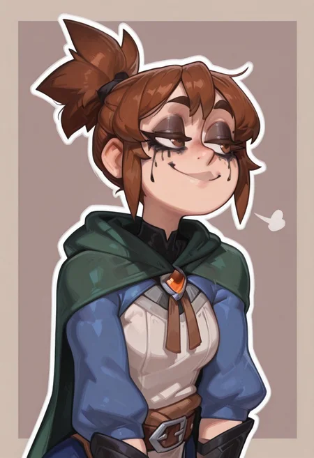 masterpiece, best quality, newest, absurdres, highres, pixelsketcher, portrait,
1girl, thick eyelashes, detailed eyes,small breasts, ,runny makeup, runny mascara, brown hair, brown eyes,short hair,smug
simple background, outline,m4rci, short hair, brown hair, ponytail, brown eyes,green cape, hooded cape, shrug \(clothing\), blue jacket, sleeves past elbows, white shirt, brooch, brown belt, vambraces, blue skirt, black leggings