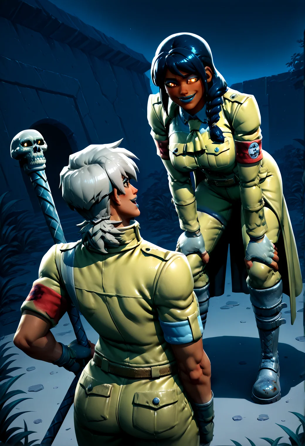 IllustriousQual <lora:StS-Illustrious-Detail-Slider-v1.0:2> <lora:cfg_scale_boost:0.3> <lora:Frozen_Nog_Ops_IL:1> FrozenNogOpsIL, dark skin, dark-skinned female, black hair, grey ponytail, braided hair, brown eyes, blue eyeshadow, blue lipstick, fingerless gloves,detailed_background,outdoors,jubilee 2025,multiple girls,hands on own legs,knee boots,glowing,dirty footwear,weapon,hellsing,highres,military jacket,open mouth,breasts,seras victoria,back,staff,holding weapon,1boy,crossover,shadow,holding staff,smile,ireading,luce \(jubilee 2025\),boots,jacket,glowing eyes,alucard \(hellsing\),large breasts,looking at another,2girls,leaning forward,raincoat,holding,upper body,gloves,military uniform