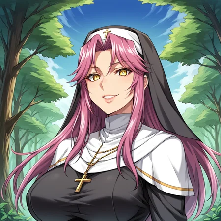 score_9,score_8_up,score_7_up, masterpiece, 8k, highres, wallpaper, source_anime, medium shot,  blue sky, forest, <lora:10_Karen_SDXL:1>, Karen, 1 girl, solo, nun, pink hair, purple, hair, long hair, <lora:DetailedEyes_V3:1> , <lora:PerfectEyesXL:1>, yellow eyes, detailed eyes, detailed pupils,  fine-tuned face, perfect face, perfect lips, smiling
 nun, habit,  large breasts,
<lora:add-detail-xl:1>