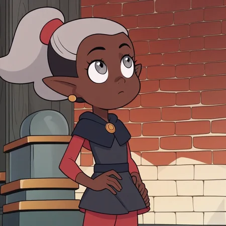 score_9, score_8_up, Score_7_up, Score_6_up, source_cartoon, cartoon screenshot, Skara, 1girl, solo, dark skin, dark skinned female, grey hair, short hair, ponytail, grey eyes, earrings, looking up, elf ears, dress, <:SkaraTOH_V2:>, SkaraV2,