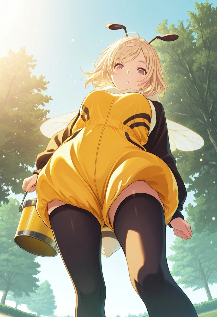 (establishing shot:1.2), 1girl, bee costume, bee wings, honey bucket, from below, wind lift, park, tree, day, sky,looking at viewer, wind, masterpiece, best quality, ultra-detailed, best illustration, soft lighting, light particles, glow, shiny hair, detailed background, dynamic lighting, volumetric lighting, dynamic pose, dynamic angle,