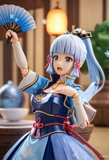 score_9, score_7_up, 1girl, <lora:spfigmaFigurineXLPony2:1> 3d, figma, depth of field, blurry background, kamisato ayaka, armored dress, breastplate, snowflakes, blue shirt, blue skirt, holding fan, arm up, hand on own chest, open mouth, upper body, foreshortening