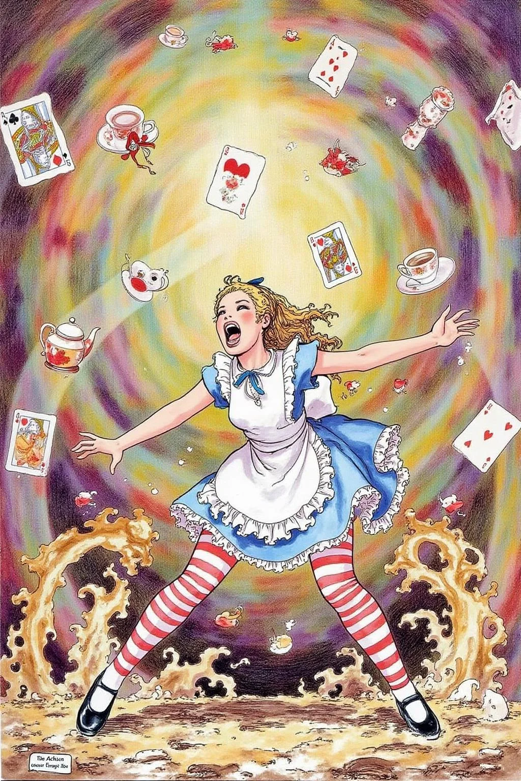 itacomic1 illustration. Overhead view of Alice in Wonderland falling into the rabbit hole, with her legs dangling beneath her. She is looking upward, her face filled with shock and terror as she screams. Her blue dress and white apron billow out around her as she tumbles, while her striped stockings and black shoes are visible below. The rabbit hole is a swirling, chaotic mix of vibrant colors, playing cards, teacups, and other Wonderland objects floating around her. Soft glowing light emanates from the tunnel walls, adding an eerie, fantastical feel to the scene. The sense of motion and fear is palpable as Alice falls deeper into the unknown. <lora:itacomic_mima_fl_d4a2e8:1.0><lora:800599479263822678:0>