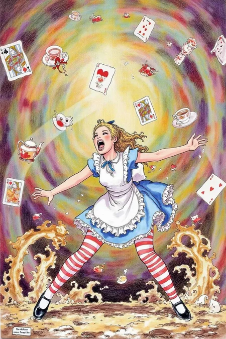 itacomic1 illustration. Overhead view of Alice in Wonderland falling into the rabbit hole, with her legs dangling beneath her. She is looking upward, her face filled with shock and terror as she screams. Her blue dress and white apron billow out around her as she tumbles, while her striped stockings and black shoes are visible below. The rabbit hole is a swirling, chaotic mix of vibrant colors, playing cards, teacups, and other Wonderland objects floating around her. Soft glowing light emanates from the tunnel walls, adding an eerie, fantastical feel to the scene. The sense of motion and fear is palpable as Alice falls deeper into the unknown.  <lora:itacomic_mima_fl_d4a2e8:1.0><lora:800599479263822678:0>