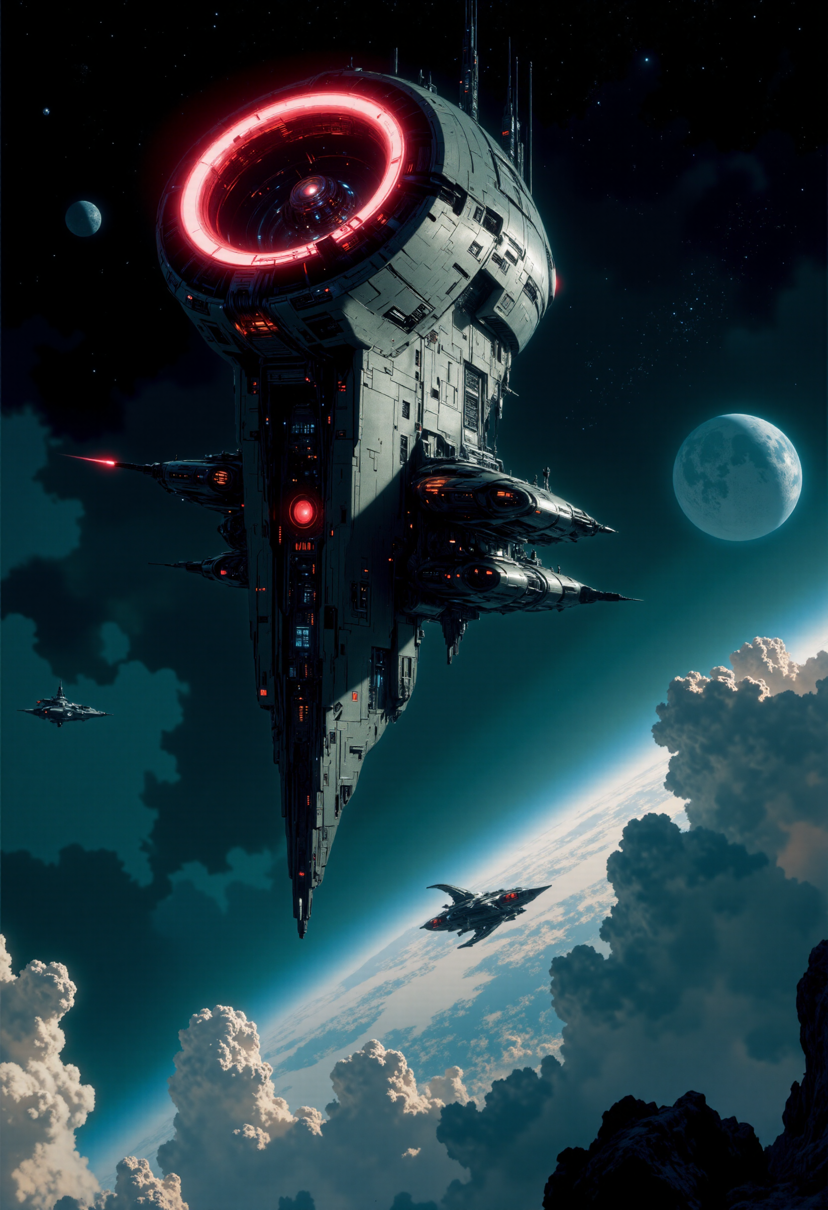 highest details, ultra hyper realism. highly detailed and realistic. intricate and highly professional artwork, an absolute masterpiece.
This high-quality digital artwork depicts a futuristic, towering space station in a low-angle shot, floating in orbit above a curved Earth-like planet with a vivid atmosphere and scattered clouds. The space station, sleek and metallic, is lit by a bright red ring of light, casting dramatic shadows. The background is a starry, deep space with scattered stars, distant galaxies and a foreign planet. The image exudes a very high aesthetic quality with rich, vibrant colors and a sci-fi atmosphere.
<lora:artilands_v02_epoch_6:1>