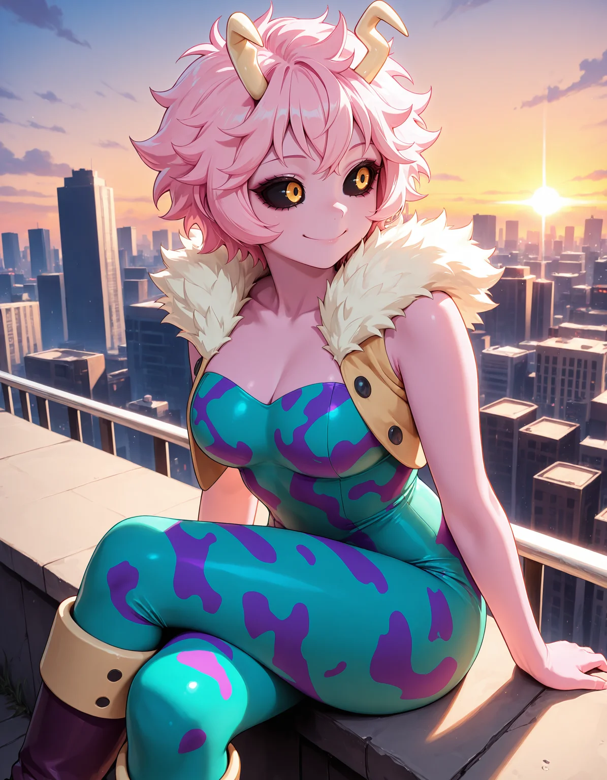 <lora:Mina Ashido Illu:1>1girl, solo,
<lora:Mina Ashido Illu:1>
1girl, solo,
m1na, pink hair, short hair, horns, pink skin, black sclera, yellow eyes,
her0, multicolored bodysuit, strapless bodysuit, green bodysuit, purple bodysuit, camouflage print, cropped jacket, sleeveless, open jacket, fur jacket trim, boots,
sitting, crossed legs,
smile, looking to the side,
feet out of frame,
outdoors, cityscape, sunset,
<lora:CFG Scale Boost:1>, masterpiece, best quality