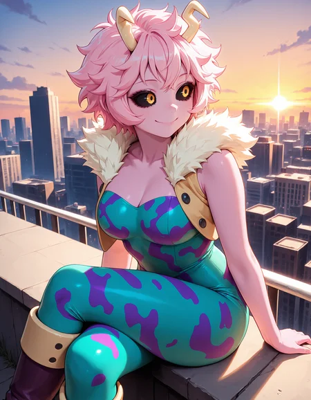 <lora:Mina Ashido Illu:1>1girl, solo,
<lora:Mina Ashido Illu:1>
1girl, solo,
m1na, pink hair, short hair, horns, pink skin, black sclera, yellow eyes,
her0, multicolored bodysuit, strapless bodysuit, green bodysuit, purple bodysuit, camouflage print, cropped jacket, sleeveless, open jacket, fur jacket trim, boots,
sitting, crossed legs,
smile, looking to the side,
feet out of frame,
outdoors, cityscape, sunset,
<lora:CFG Scale Boost:1>, masterpiece, best quality