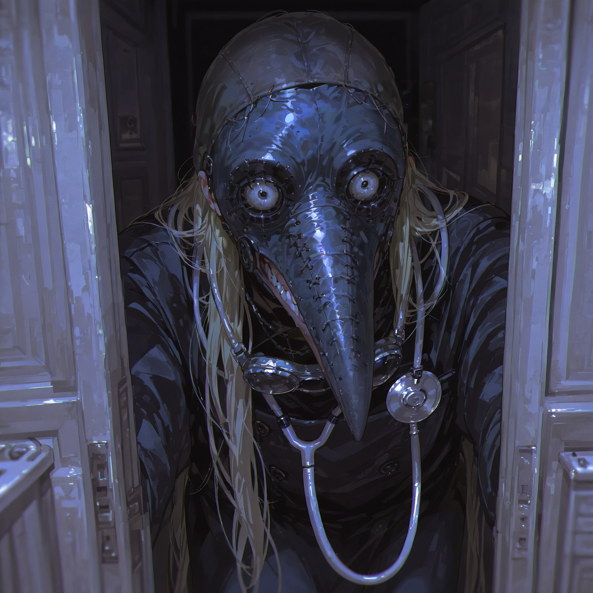 masterpiece, best quality, good quality, newest, highres, absurdres, 8K, realistic, bright colors, 748cmstyle, graphite \(medium\), depth of field, door, horror \(theme\), plague doctor, plague doctor mask, looking at viewer, evil grin, sharp teeth, stethoscope around neck, very long hair, here's johnny! \(meme\),
 <lora:add-detail-xl:3> <lora:748cmSDXL:0.7>