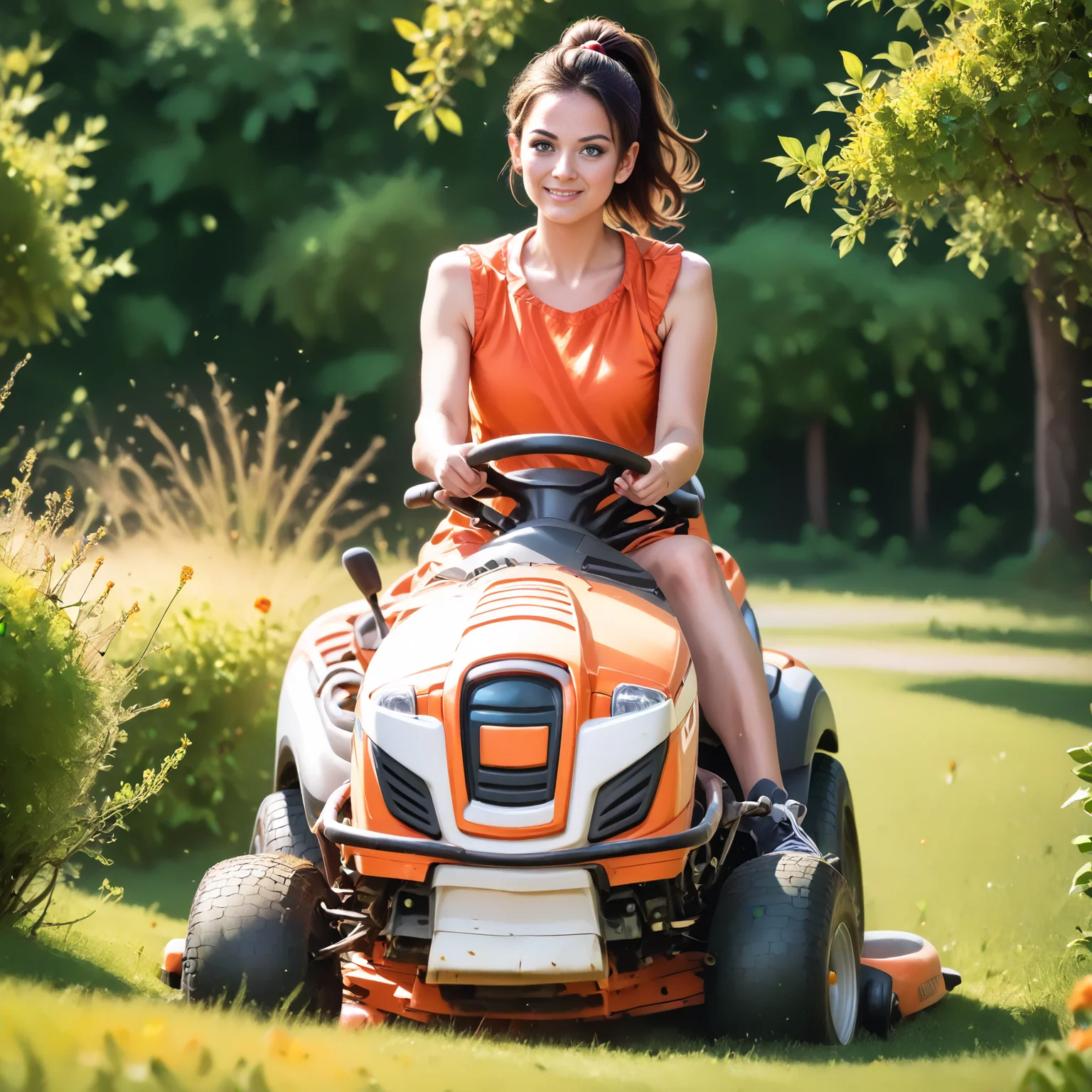 score_9, score_8_up, score_7_up, rilamo (front view) , (slim 25yo female) riding a lawn mower. orange short dress, sneakers , short brunette ponytail <lora:RideLawnMowerPony:1>