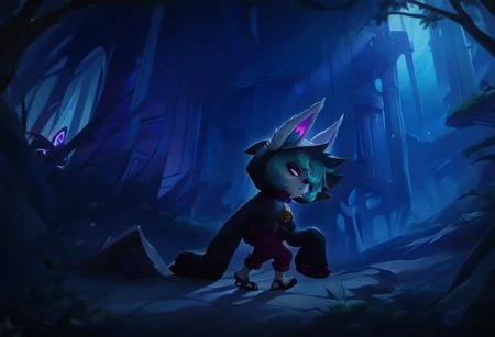 score_9, score_8_up, score_7_up, score_6_up, VexLoLXL, yordle, shortstack, pink eyes, green hair, bangs, short hair, grey skin, colored skin, black hood, hood up, ears through headwear, white animal ears, black shirt, purple collar, golden ornament, serious facial expression, long sleeves, sleeves past wrists, purple pants, sandals, walking on a fallen log, walking, dark forest, leftovers, eyes in the dark, poster, primary colors black and light blue, hoovesart, lidded eyes, castle ruins, side view