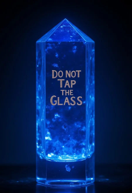 A glowing sapphire crystal, rotating slowly in midair. Inside, etched in vivid golden font, are the words: 'Do Not Tap the Glass.' 