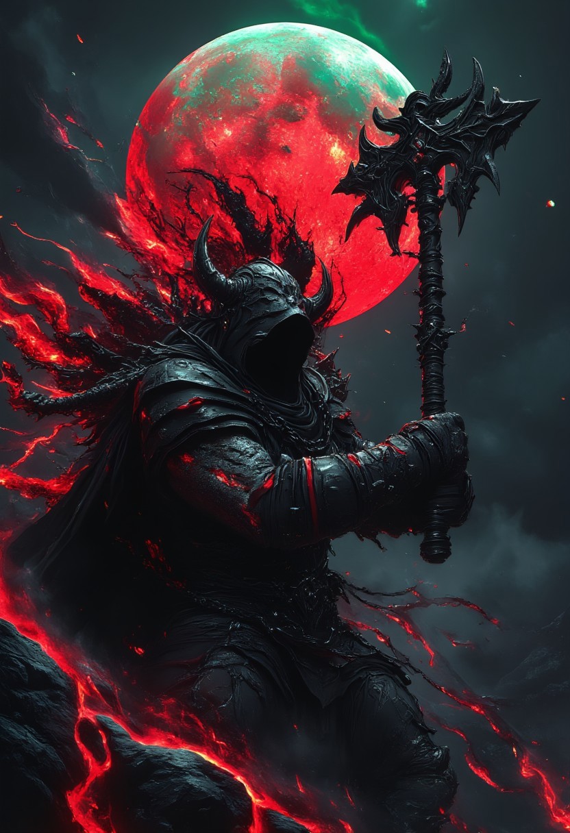 A massive warrior clad in black, ornate armor, decorated with dark, twisted chains and spikes, swings an enormous battle axe with overwhelming power. The axe gleams with fiery intensity as it cuts through the air. Behind him, a ghostly, ethereal figure, the spirit of the warrior, emerges from his back, its form glowing faintly. The moon in the background shines red with a green outline, casting an eerie glow over the scene. The spirit’s presence adds a chilling, supernatural touch, blurring the lines between the living and the dead.
