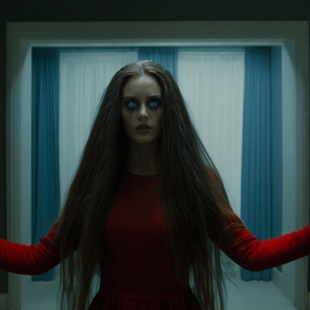 Dark Fantasy Art of  <lora:Kodak Motion Picture Film Style:1.2> redcode raw, ARRIRAW, 
Best Anamorphic-lens Horror Cinematography 50mm lens f5.6 a possessed woman with a very long flying hair in a room with olive contrast color staring at camera with possessed blue blind eyes Anamorphic format Kodak Motion Picture Film Style, dark, moody, dark fantasy style