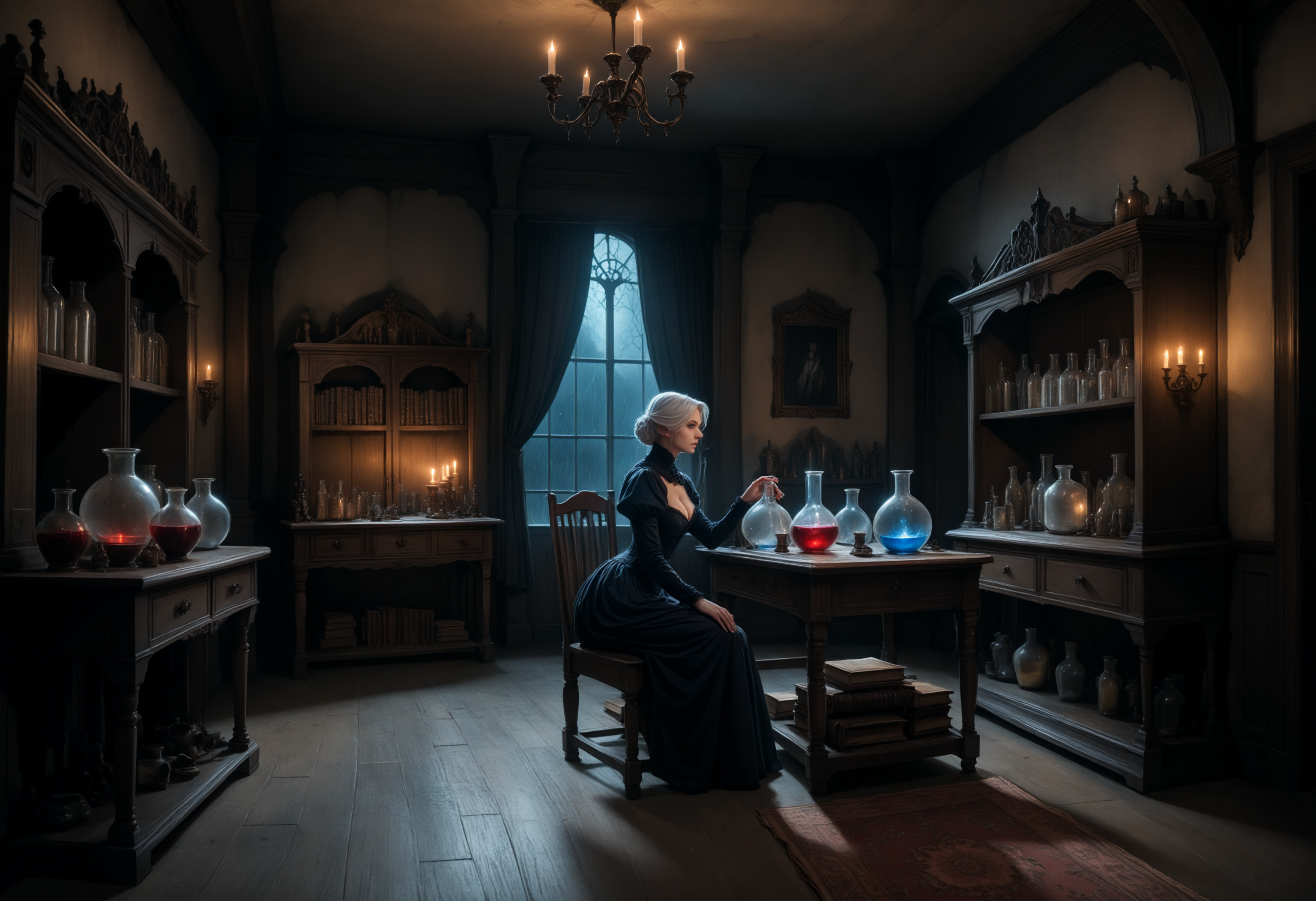 score_9, score_8_up, score_7_up, 1girl, cleavage, round flask, magic, potions, scrolls, storm_(x-men), marvel, white_hair, blue_eyes, from behind, legs up, cinematic shot, haunted mansion, anime, (style\d0f.safetensors:0.5), 4lch3my_l4b.safetensors, <lora:style\d0f.safetensors:0.5>, <lora:4lch3my_l4b.safetensors:1.0>
