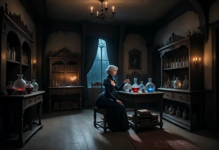 score_9, score_8_up, score_7_up, 1girl, cleavage, round flask, magic, potions, scrolls, storm_(x-men), marvel, white_hair, blue_eyes, from behind, legs up, cinematic shot, haunted mansion, anime, (style\d0f.safetensors:0.5), 4lch3my_l4b.safetensors, <lora:style\d0f.safetensors:0.5>, <lora:4lch3my_l4b.safetensors:1.0>