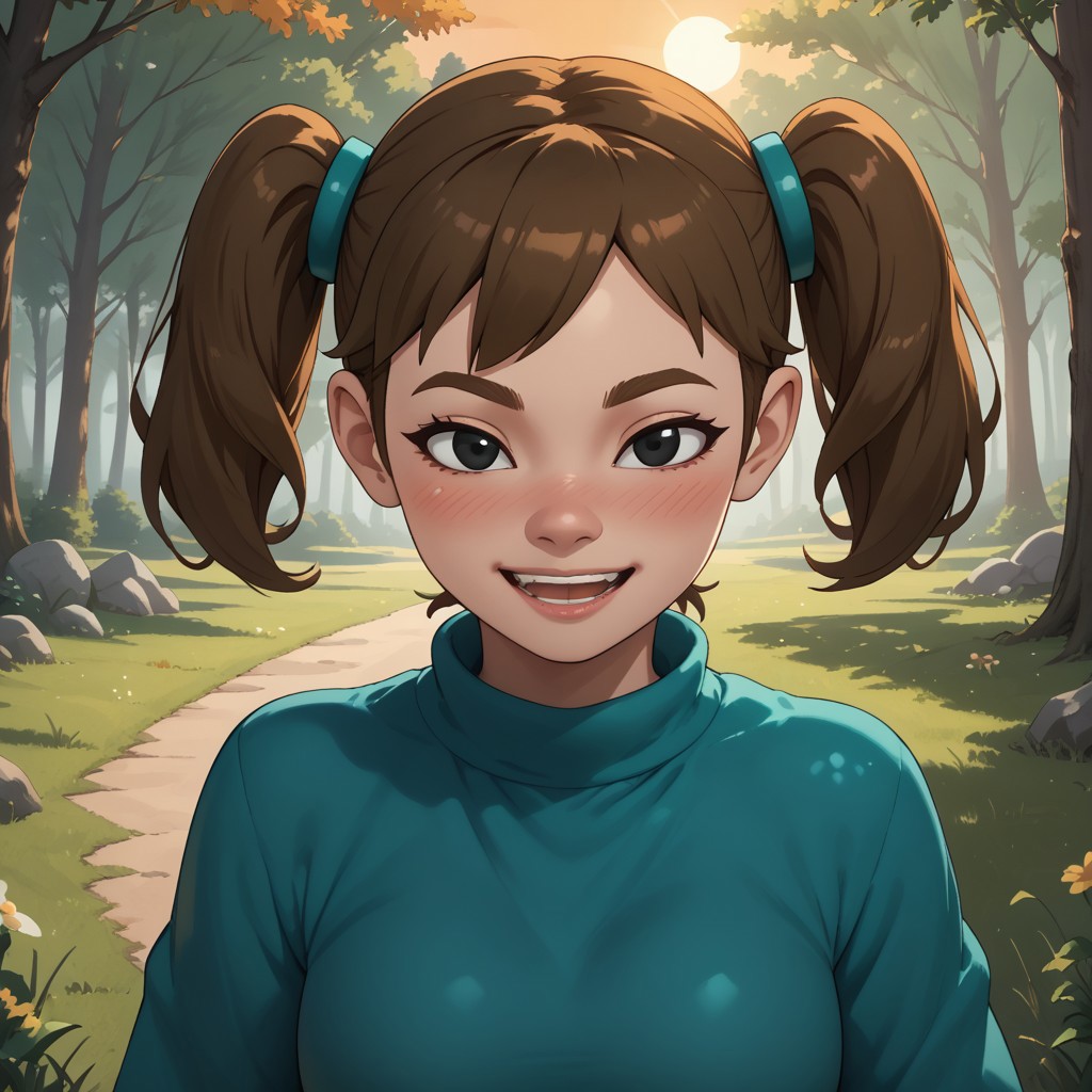 score_9, score_8, BREAK, solo, Mii, Wii, Black Eyes, Half circle eyebrows, big nose, half circle nose, blush, white skin, open mouth, green-ish brown hair, twintails, dark green clothing, 1girl, female mii, Wii Sports Resort, black pants, shoes, cute, medium breasts, Midori_(\Wii_Sports_Resort\), teeth, Nintendo Mii, modern_mii, classic_mii, sexy pose, self portrait, smile, outdoors, sunlight, shadows, evening lighting, natural lighting, forest, trees, grass, orange sky, sunset
