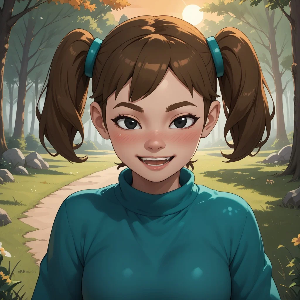 score_9, score_8, BREAK, solo, Mii, Wii, Black Eyes, Half circle eyebrows, big nose, half circle nose, blush, white skin, open mouth, green-ish brown hair, twintails, dark green clothing, 1girl, female mii, Wii Sports Resort, black pants, shoes, cute, medium breasts, Midori_(\Wii_Sports_Resort\), teeth, Nintendo Mii, modern_mii, classic_mii, sexy pose, self portrait, smile, outdoors, sunlight, shadows, evening lighting, natural lighting, forest, trees, grass, orange sky, sunset
