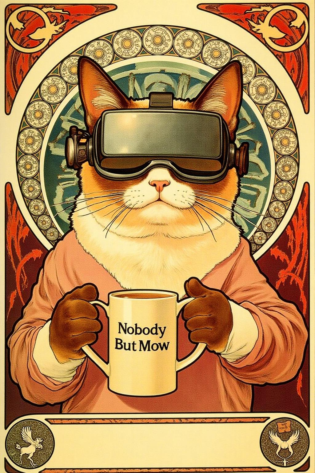 mucha1 Art Nouveau  illustration of Grumpy Cat holding a coffee mug, wearing a VR Headset. The mug has the phrase "NobodyButMeow" printed <lora:mucha1_cap_d6a3e11:1.0><lora:822876332166996230:0>