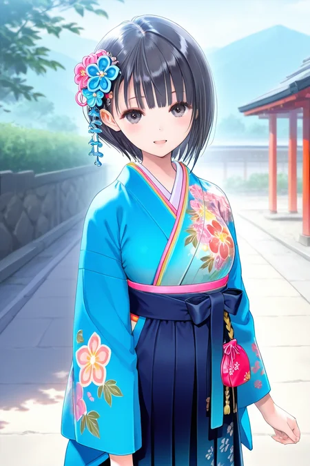 <lora:Shirai_Hinako_Blue_Reflection_illus:1>Shirai Hinako, japanese outfit,1girl, solo, looking at viewer, smile, short hair, bangs, skirt, black hair, hair ornament, long sleeves, standing, flower, outdoors, japanese clothes, hair flower, blunt bangs, kimono, black eyes, floral print, hakama, hakama skirt, blue kimono, anime color, seductive smile, open mouth, <lora:Add_more_details_pony:0.8> cowboy shot, holding hand pouch