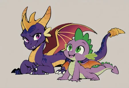 score_9, score_8_up, score_7_up, score_6_up, score_5_up, score_4_up, minimalist lineless art, (2 dragons in hotsprings:2), fang, no humans, (large dragon with purple eyes and a small dragon with green eyes:0.75), (large purple dragon with black eyes:0.7), eye contact, (small purple dragon with green eyes:0.7), (Spyro the dragon and spike:0.25), (rating_safe:1.2), Spike and Spyro