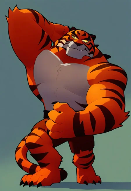score_9, score_8_up, score_7_up, score_6_up, score_5_up, score_4_up, rating_questionable <lora:brawl_style_1_2:0.85, {tall}, source_cartoon, solo, 1boy, Bronze Tiger, yellow eyes, claws, furry male, muscular, smirk, full body,sfw_nudity, thick things, face and chest,arms and hands ,pecs&crotch,legs&feet,show chest&pecs,left-arm raise up,right-arm's hand on the right-leg,brawl,perfect detailed eyes,perfect detailed pupils, no humans