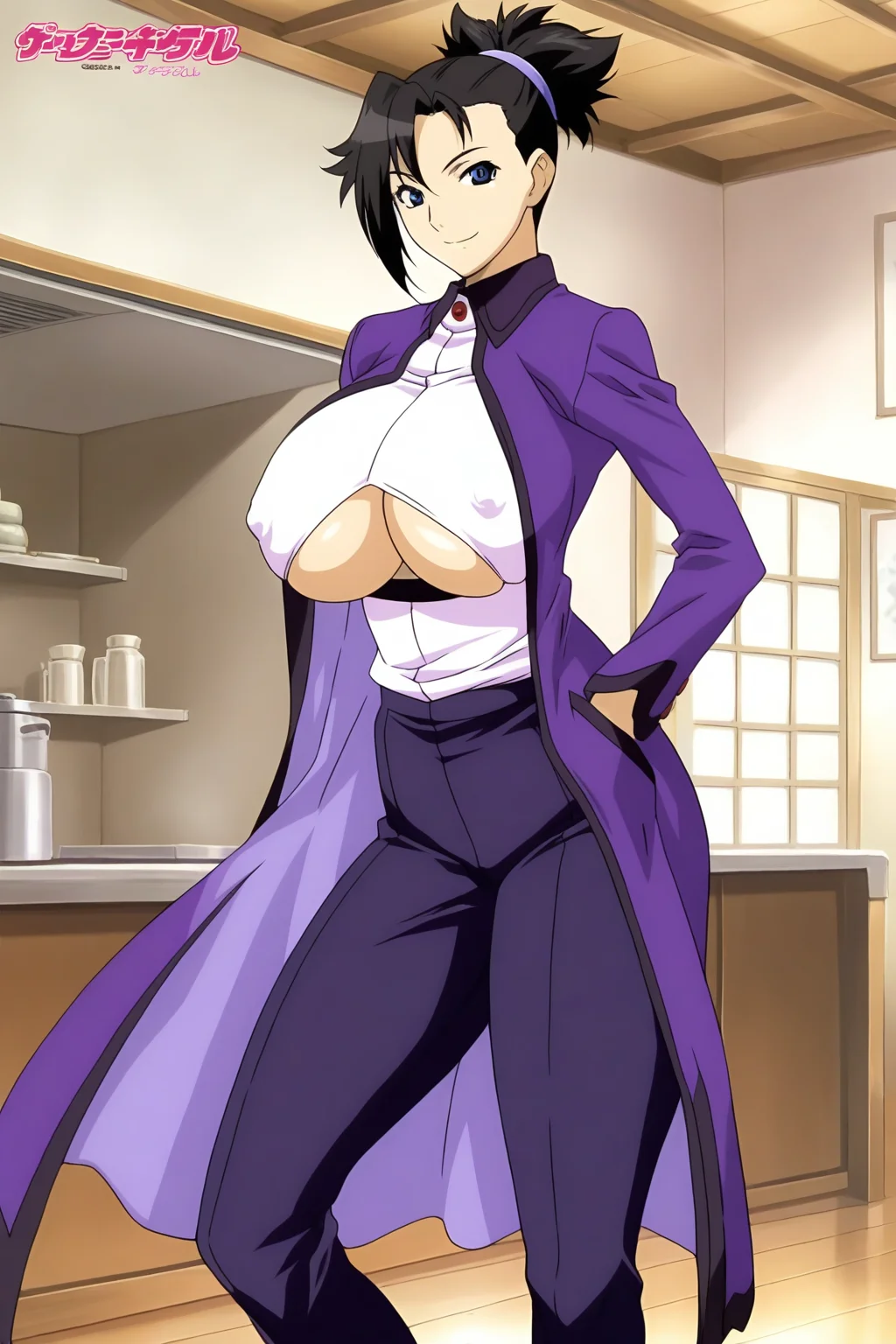 4K,official art,masterpiece,best quality,amazing quality,1girl,solo,short hair,black hair,ponytail,beautiful face,blue eyes,white top,purple coat,impossible clothes,underboob,pants,gigantic breasts,erect nipples,thick thighs,standing,together legs,front-view,looking at the viewer,indoors,house,smile,Burst Angel,Sei