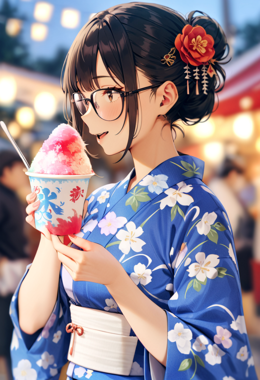 masterpiece, best quality, very aesthetic, absurdres,
1girl, solo, glasses, black hair, short hair, hair bun, hair ornament, yukata, floral print,
holding spoon, holding, holding food, kakikoori_red, shaved ice, cup, food, spoon, outdoors, blurry background,
 <lora:kakikoori_SDXL_V2:1>
