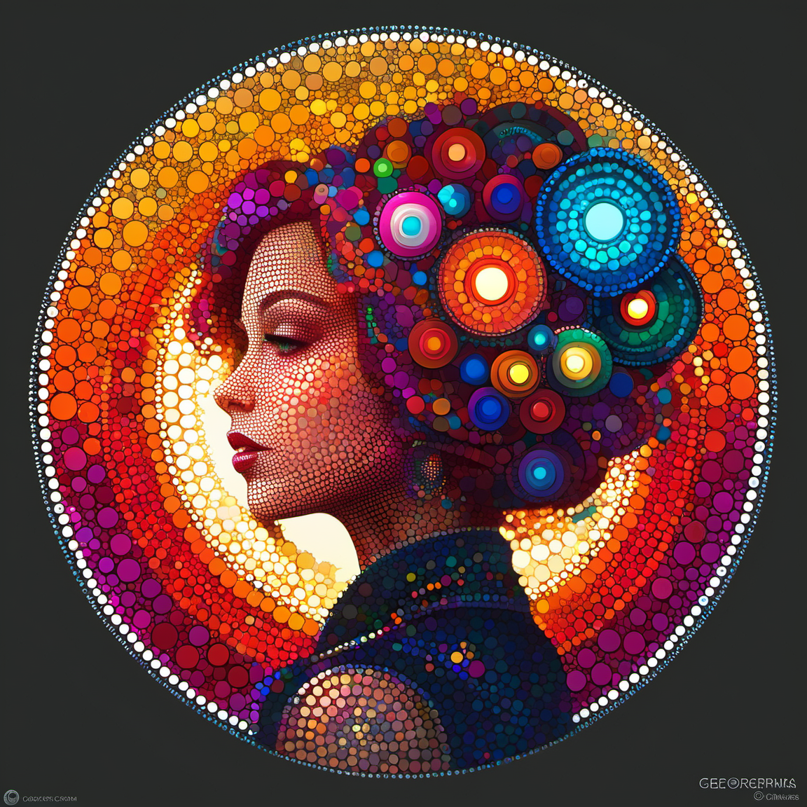 dotart, girl, colorful circle in background,<lora:Dor_Art:1>, alluring portrait, intricate, highly detailed, digital painting, artstation, concept art, naughty, sharp focus, cinematic lighting, illustration, art by artgerm and greg rutkowski, alphonse mucha, cgsociety, steampunk robot happy Funny cartoonish, by Gediminas Pranckevicius