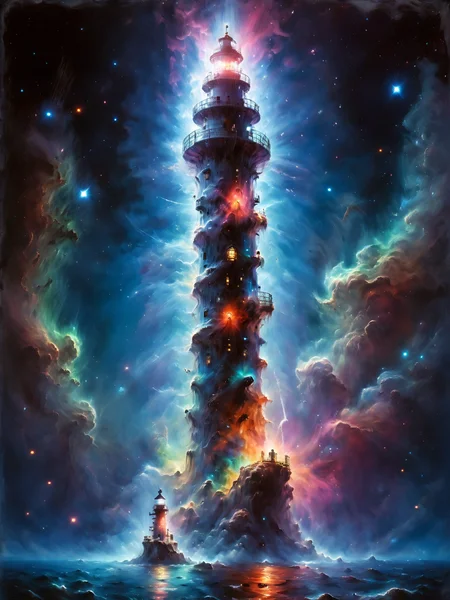lighthouse in a mad-nbla, neon sign, bright lights, bright neon lights, <lora:Space_Nebula_Style_SDXL:0.8> <lora:John Berkey Style:0.8> John Berkey Style page, (masterpiece:1.2), best quality