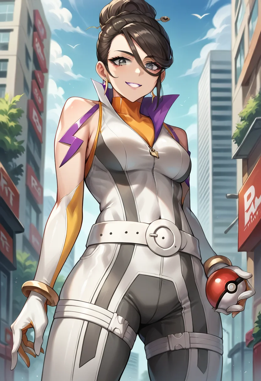 score_9, score_8_up, score_7_up, source_anime, masterpiece, 1girl, ct_s1erra, grey eyes, medium breasts, yellow turtleneck, white bodysuit, elbow gloves, logo, R, white belt, bracelet, outdoors, city, depth of field, from below, holding pokeball, smile, looking at viewer, curvy, <lora:Sierra_pokemongo_ct:1>