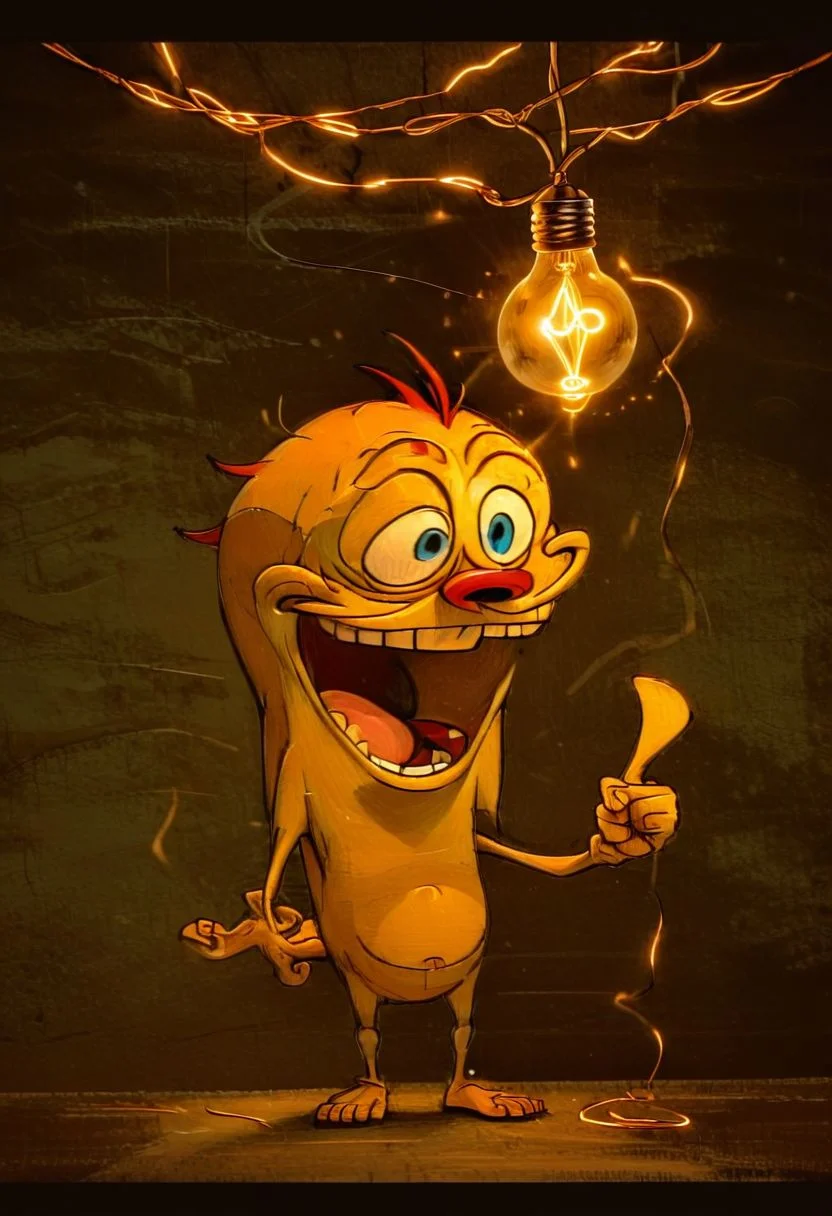 ((sharp focus)), solo, upper body, ((stimpy)), expression, laughing, (teeth), ((index finger pointing)), ((1 bioluminescent glowing lightbulb hanging from a long wire from above head)), dark, chiaroscuro, low-key
BREAK
(wooden brown wallpaper background escher, geometric sketch, gformix), no humans, easynegative, By bad artist
