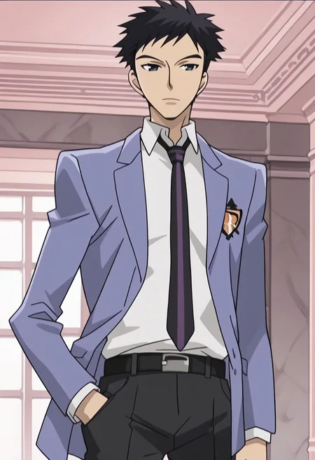 score_9, score_8_up, score_7_up, source_anime, rating_safe, MoriOHHC, black_Mori_hair, black_Mori_eyes, 1boy, male focus, anime screencap, blue_Mori_blazer, black-purple_Mori_necktie, white_Mori_shirt, belt, black pants, hands in pocket,