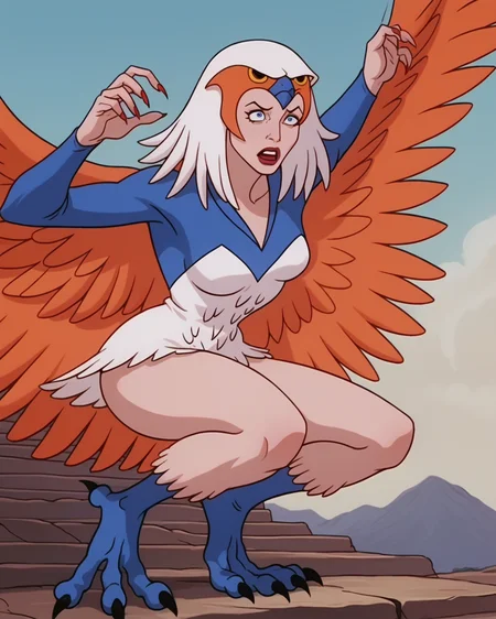 score_9, score_8_up, score_7_up, masterpiece,best quality,amazing quality, absurdres, source_cartoon, 1girl, solo, <lora:motu_sorc:1> motu_sorc, sorc, ruffled headdress, blue eyes, open mouth, teeth, blue white leotard, orange feather cape, concerned, transforming, hands, sharp nails, eye roll, blue talons, crouching