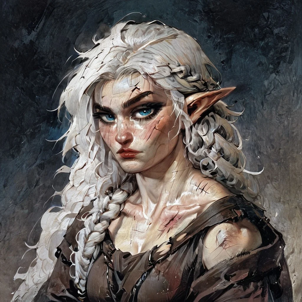 score_9, score_8_up,
score_9, score_8_up, (((white skin))), (pale skin), (alabaster skin), white hair, blue eyes, muscular, female, fit, visible abs, medium breasts, elf, linen shirt, torn linen shirt, elf ears, pointy ears, pony tail, messy hair, very pale skin, solo female, 1 female, 1 character, completly white skin, pale, white, wavy hair, adult, beautiful, seductive, clothed, masterpiece, fantasy, scar on face, scar on eye, bruised, toga, abs, visible abs, braided hair, medival cloathes, medival, robe, toga