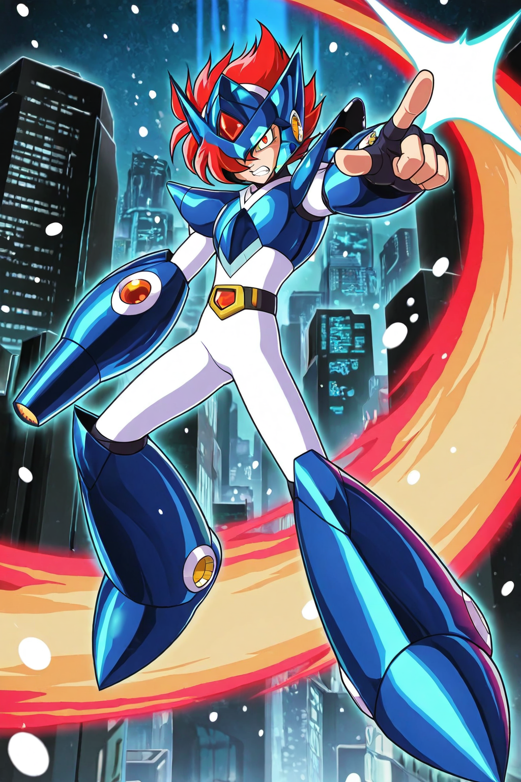 masterpiece,best quality,amazing quality, XOVER, SSALBE, 1boy, male focus, wavy hair, short hair, pink-red hair, hair over one eye, green eyes, robot armor, megrez forehead protector (red eyes), megrez armor, teal pauldrons, teal breastplate, belt buckle, white bodysuit, teal fingerless gauntlets, teal greaves, (arm cannon, pointing arm cannon at viewer), looking at viewer, (mega man x:0.6), mid-air, jumping pose, from the side, side, falling snow, cyber city background, night time, teeth, angry, dynamic pose, upper body
